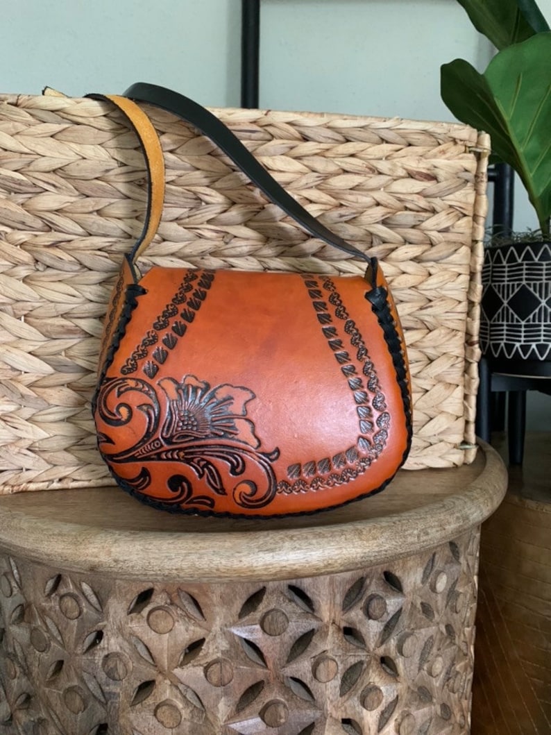 Hand-Tooled Leather Orange Floral Purse, Handmade Mexican Bag, Artesanal image 4