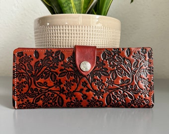 Cartera de cuero con herramientas a mano, cartera floral botánica de cuero artesanal genuino hecho a mano, cuero mexicano Moderno