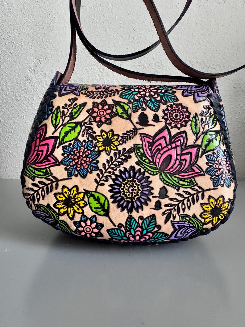 Hand Tooled Leather Crossbody Purse – Floral Mexican Artisan Bag, Adjustable Strap image 9