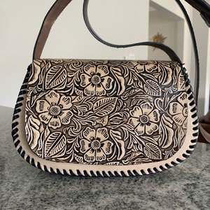 Leather Hand-Tooled Handbag, Embossed Mexican Leather Purse, Bolsa de Piel Mexicana, Bolsa Artesanal, Leather Bags for Women image 1