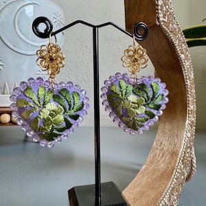 Embroidered Heart Earrings, Traditional Mexican Earrings, Filigree Earrings, Artesania MexicanaFiligrana, Valentines, Mothers Day Gift