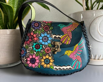 Hand-Tooled Leather Hummingbird Purse,  Handmade Mexican Bag, Bolsa de Piel, Artesania Mexicana