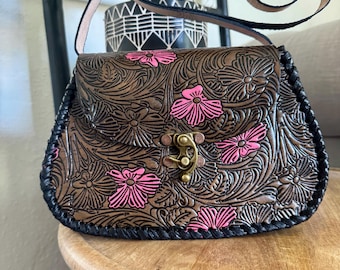 Leather Hand-Tooled Embossed Mexican Floral Handbag /  Handmade Rose Purse / Artesanal Bag