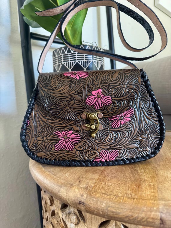 Handcrafted Leather Backpack Purse Floral Tooled Pink‎ Accent Hand-painted Traditional Pink Rose Tattoo Style Floral Brown  main image 2