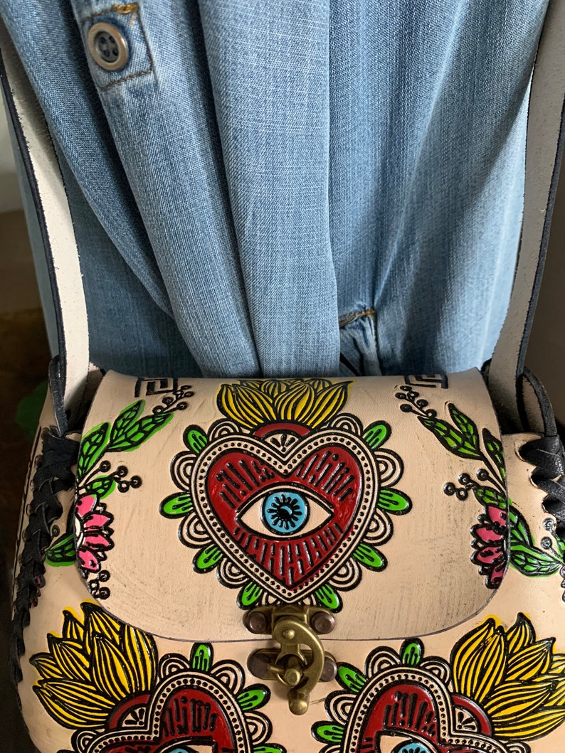 Hand-Tooled Embossed Mexican Leather Floral Purse, Evil Eye Handmade Leather handbag, Hand painted Mal De Ojo, Artesanal image 7