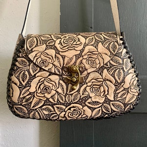 Leather Hand-Tooled Embossed Mexican Floral Handbag, Handmade Rose Purse, Artesanal Bag