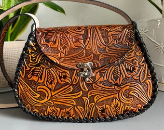 Leather Hand-Tooled Embossed Mexican Floral Handbag, Handmade Floral Sunflower Purse, Artesanal Bag