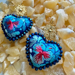 Embroidered Heart Earrings, Traditional Mexican Earrings, Filagree Earrings, Artesania Mexicana