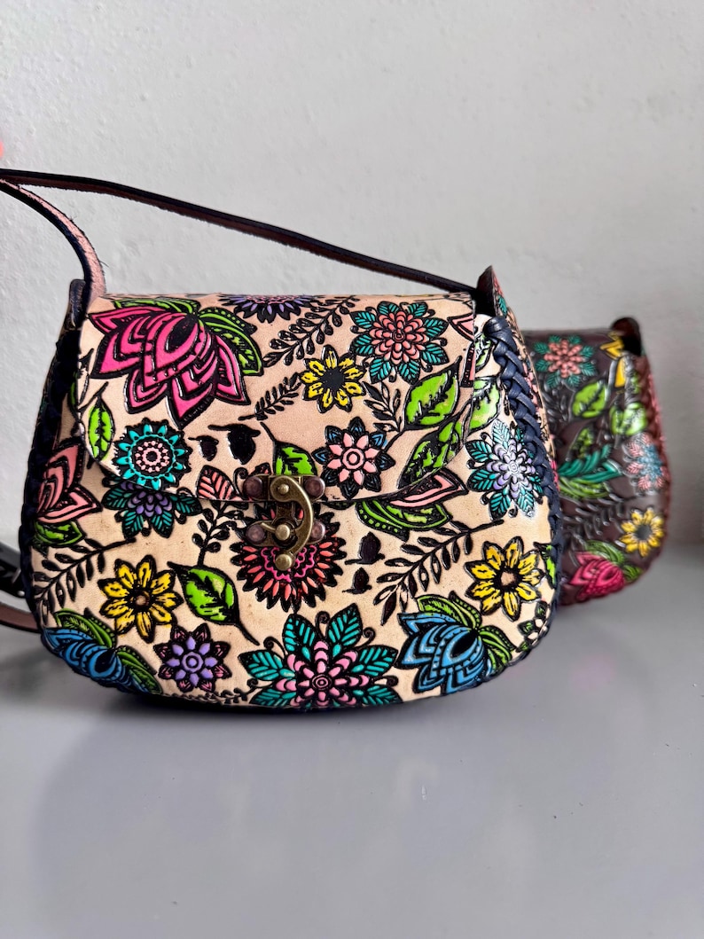 Hand Tooled Leather Crossbody Purse – Floral Mexican Artisan Bag, Adjustable Strap image 19