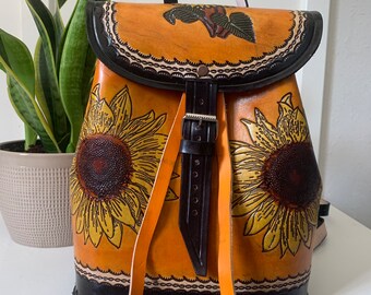 Leather Hand-Tooled Embossed Mexican Floral Backpack / Handmade Sunflower Purse/ Artesanal Bag