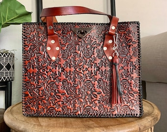 Leather Hand-Tooled Embossed Mexican Floral Tote, Handmade Women's Work Bag, Artesanal
