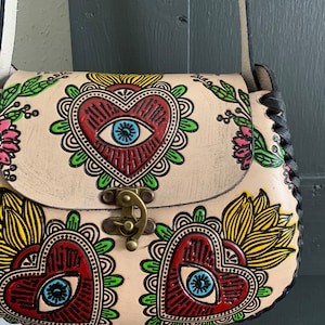 Hand-Tooled Embossed Mexican Leather Floral Purse, Evil Eye Handmade Leather handbag, Hand painted Mal De Ojo, Artesanal image 4