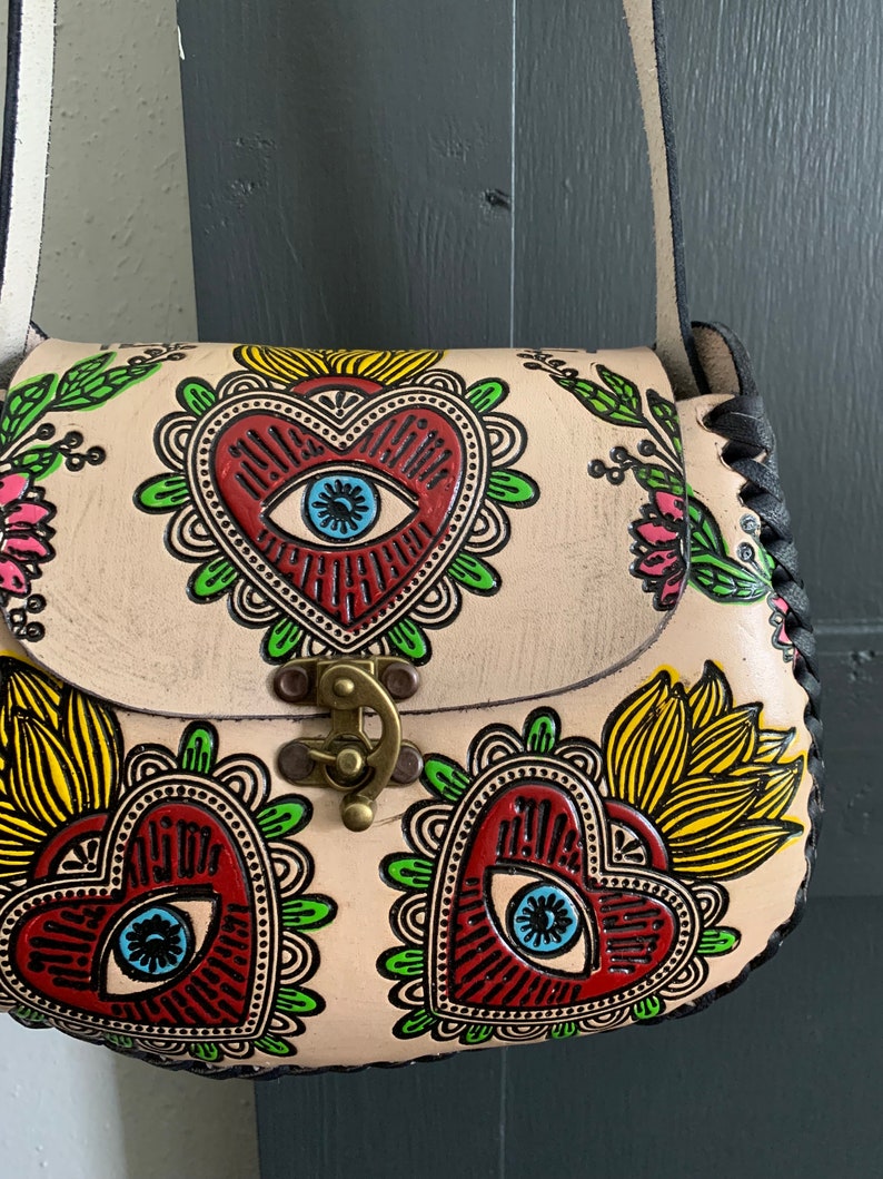 Hand-Tooled Embossed Mexican Leather Floral Purse, Evil Eye Handmade Leather handbag, Hand painted Mal De Ojo, Artesanal image 4