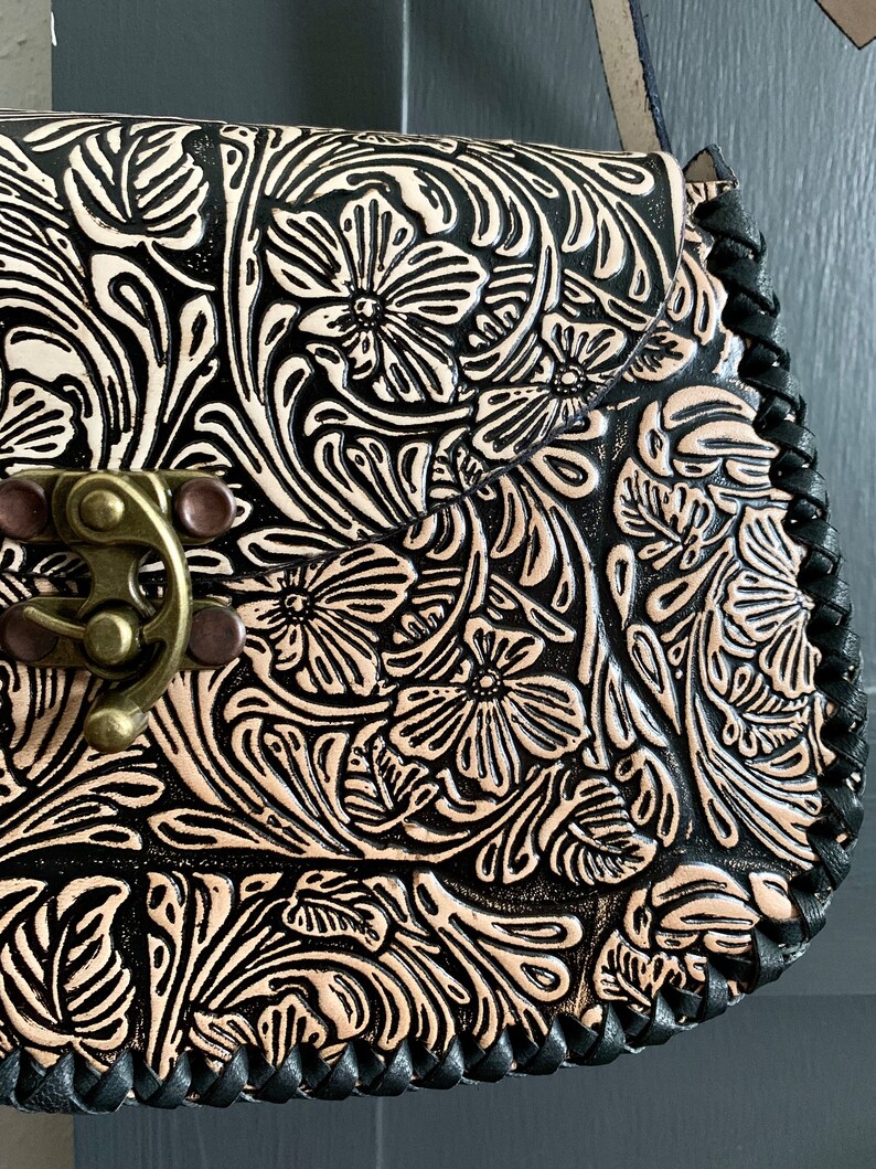 Leather Hand-Tooled Embossed Mexican Floral Handbag, Handmade Rose Purse, Artesanal Bag image 6