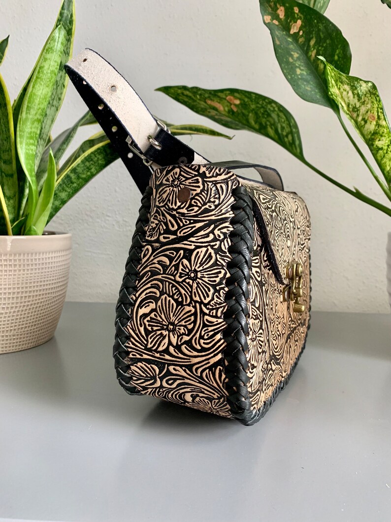 Leather Hand-Tooled Embossed Mexican Floral Handbag, Handmade Rose Purse, Artesanal Bag image 4