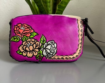 Hand-Tooled Embossed Leather Floral Wristlet, Genuine Mexican Leather Bag