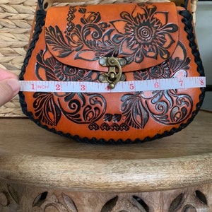 Hand-Tooled Leather Orange Floral Purse, Handmade Mexican Bag, Artesanal image 9