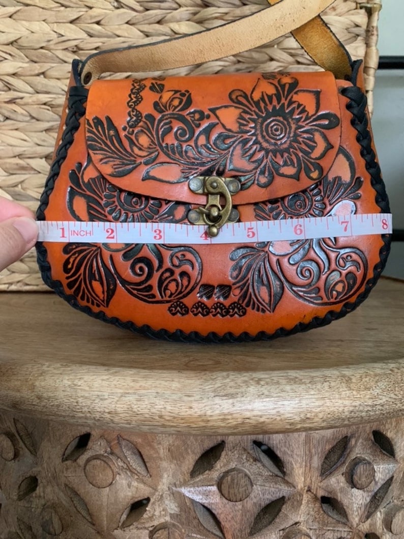 Hand-Tooled Leather Orange Floral Purse, Handmade Mexican Bag, Artesanal image 9