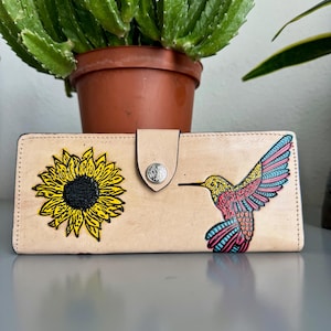 Handpunzierte Ledergeldbörse, echtes handgemachtes Artisan Leder Kolibri und Sonnenblumen Portemonnaie, mexikanisches Leder Colibri Moderno