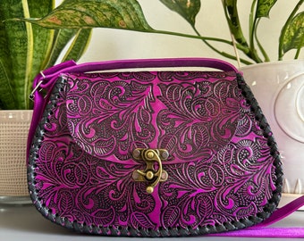 Leather Hand-Tooled Embossed Mexican Floral Handbag, Handmade Floral Rose Purse, Artesanal Bag