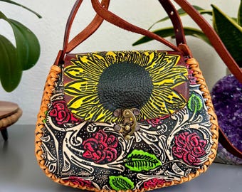 Hand-Tooled Embossed Leather Floral Purse: Mexican Sunflower Handbag