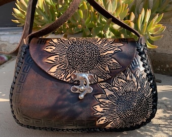 Leather Hand-Tooled Embossed Mexican Floral Sunflower Purse / Handmade Bag / Artesanal