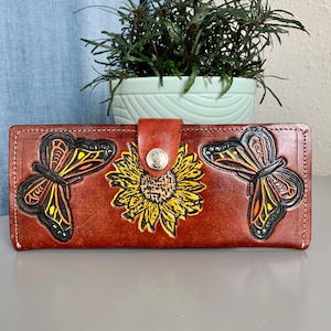 Cartera de piel hecha a mano, cartera de piel auténtica hecha a mano con girasoles y mariposas, estilo moderno de piel mexicano