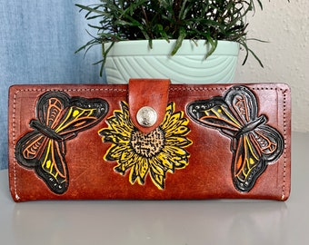 Hand Tooled Leather Wallet, Genuine Handmade Artisan Leather Sunflower and Butterfly Wallet, Mexican Moderno De Piel