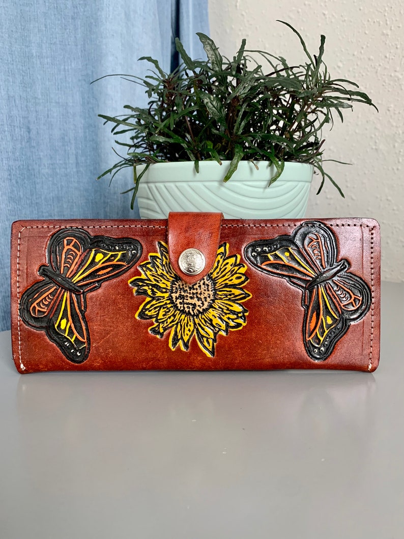 Hand Tooled Leather Wallet, Genuine Handmade Artisan Leather Sunflower and Butterfly Wallet, Mexican Moderno De Piel image 1