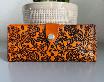 Cartera de cuero con herramientas a mano, cartera floral botánica de cuero artesanal genuino hecho a mano, cuero mexicano Moderno