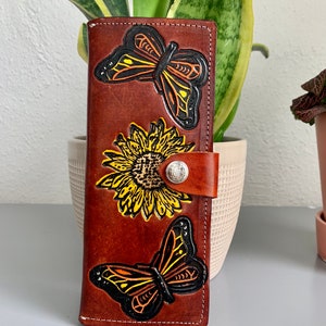 Hand Tooled Leather Wallet, Genuine Handmade Artisan Leather Sunflower and Butterfly Wallet, Mexican Moderno De Piel image 2