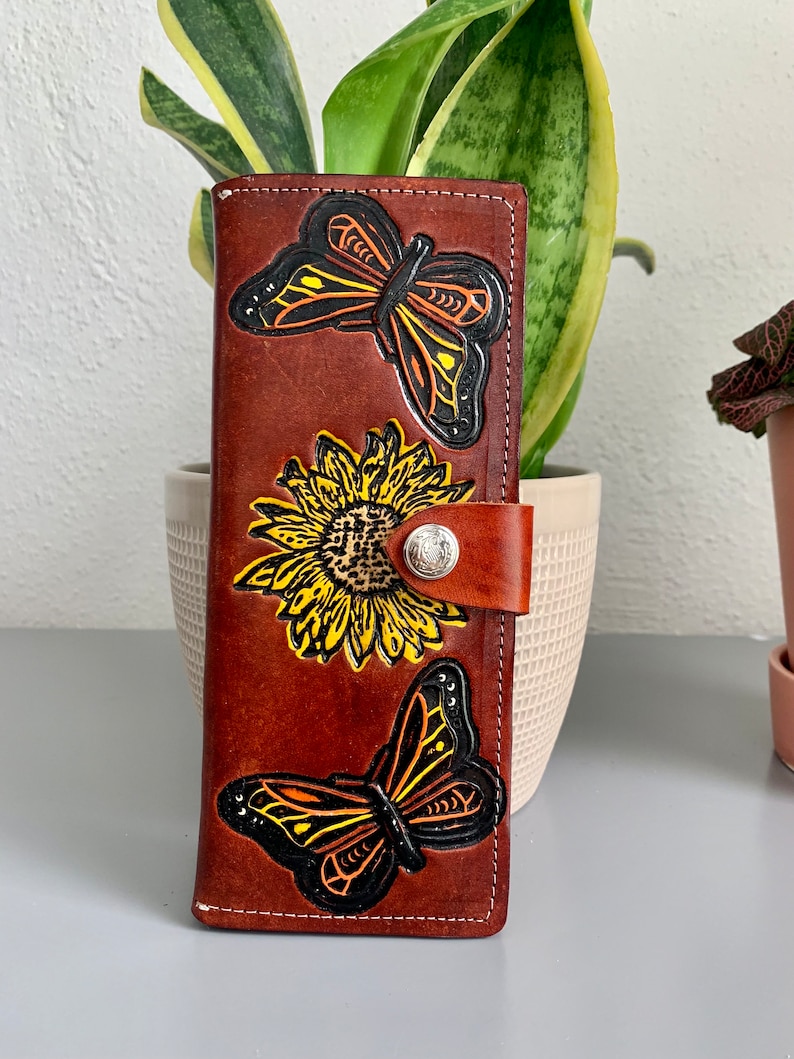 Hand Tooled Leather Wallet, Genuine Handmade Artisan Leather Sunflower and Butterfly Wallet, Mexican Moderno De Piel image 2