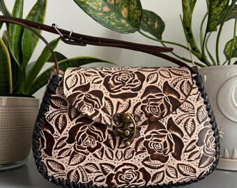 Leather Hand-Tooled Embossed Mexican Floral Handbag, Handmade Flower 90’s Motif Purse, Artesanal Bag