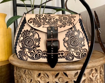 Leather Hand-Tooled Embossed Mexican Floral Purse, Handmade Handbag, Artesanal