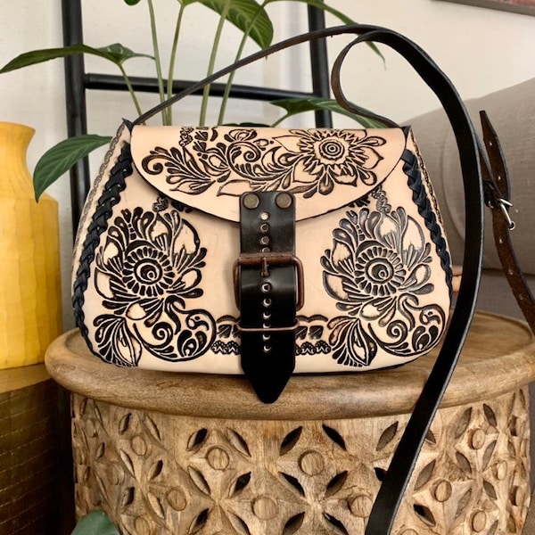 Leather Hand-Tooled Embossed Mexican Floral Purse, Handmade Handbag, Artesanal