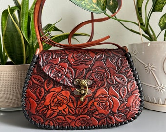 Leather Hand-Tooled Embossed Mexican Floral Handbag, Handstitched Floral Purse, Artesanal Bag, Bosa De Piel, Purses and Bags