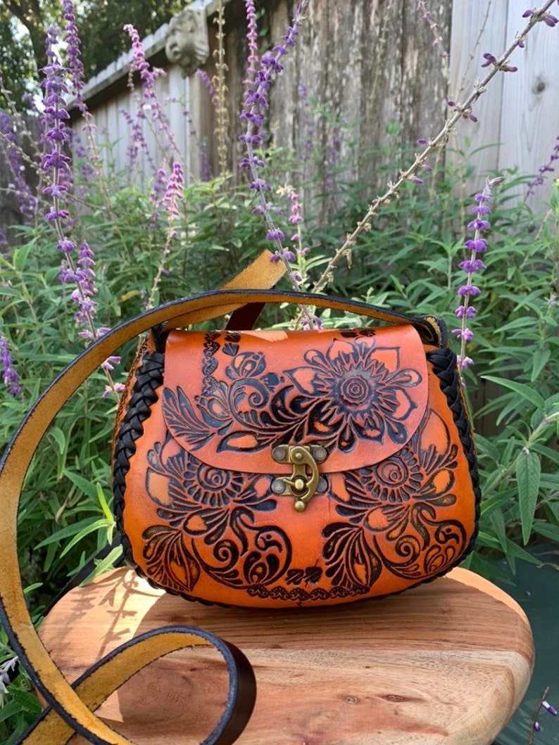 Hand-Tooled Leather Orange Floral Purse, Handmade Mexican Bag, Artesanal image 1