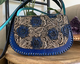 Hand-Tooled Embossed Mexican Leather Floral Purse, Handmade Leather Bag, Hand painted Artisanal Tooled Leather Handbag