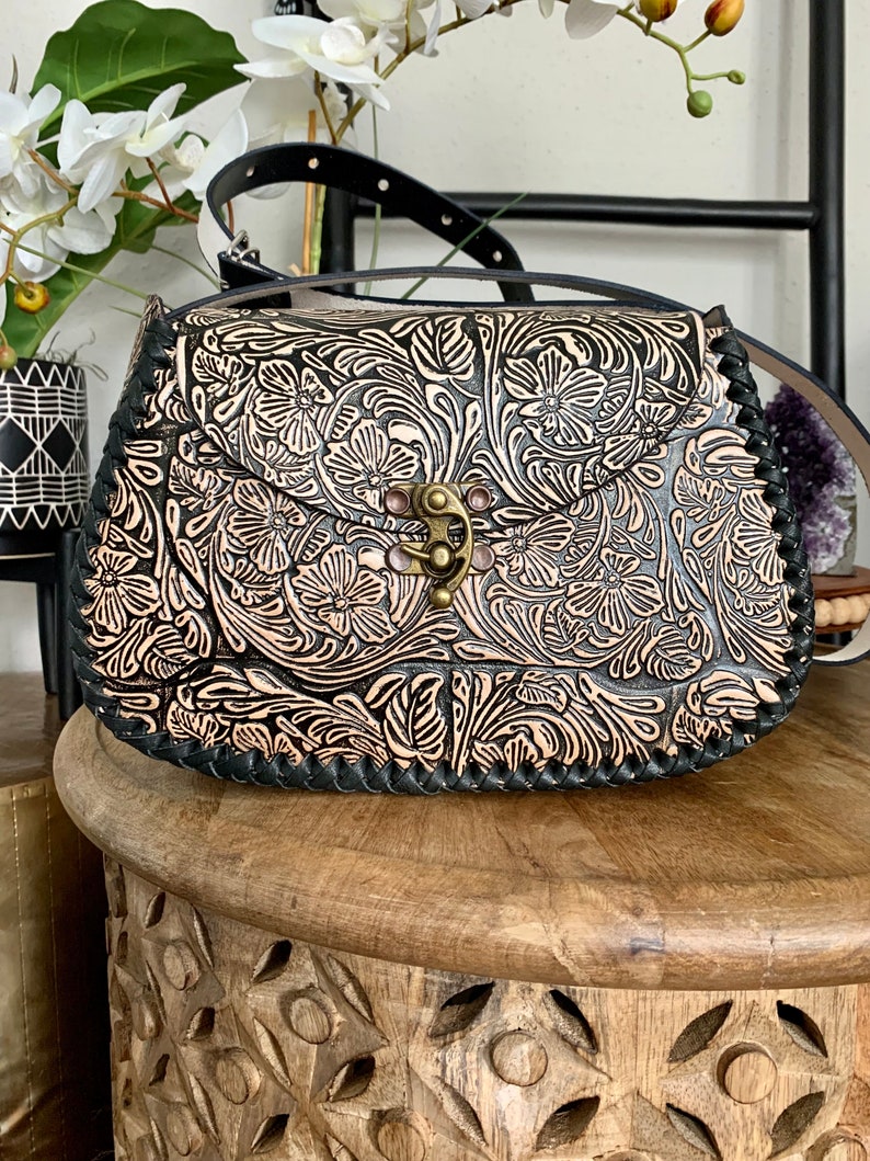Leather Hand-Tooled Embossed Mexican Floral Handbag, Handmade Rose Purse, Artesanal Bag image 5