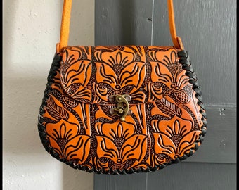 Hand-Tooled Embossed Mexican Leather Floral Purse / Handmade Leather Bag / Handpainted / Artesanal