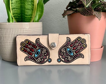 Hand Tooled Leather Wallet, Genuine Handmade Artisan Leather Hand of Fatima Wallet, Mexican Famsa Moderno De Piel