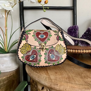 Hand-Tooled Embossed Mexican Leather Floral Purse, Evil Eye Handmade Leather handbag, Hand painted Mal De Ojo, Artesanal image 2