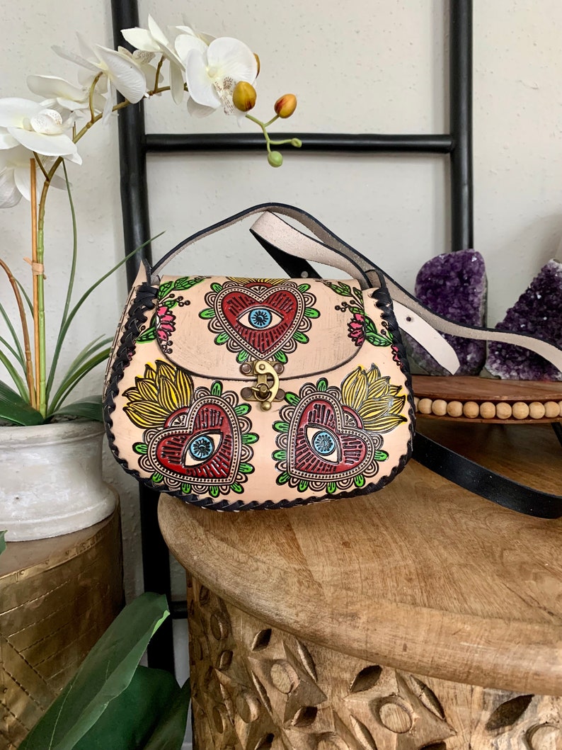 Hand-Tooled Embossed Mexican Leather Floral Purse, Evil Eye Handmade Leather handbag, Hand painted Mal De Ojo, Artesanal image 2