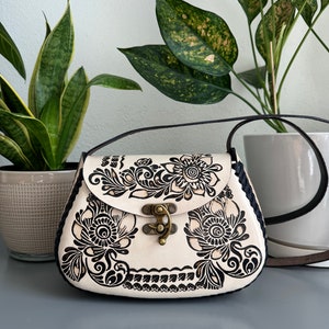 Leather Hand-Tooled Embossed Mexican Floral Purse, Handmade Handbag, Artesanal
