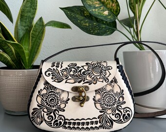 Leather Hand-Tooled Embossed Mexican Floral Purse, Handmade Handbag, Artesanal