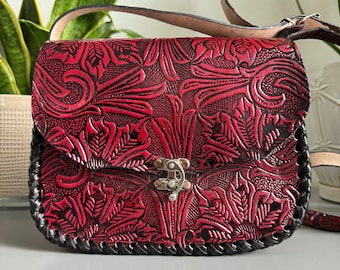 Leather Hand-Tooled Embossed Mexican Floral Handbag, Handmade Floral Sunflower Purse, Artesanal Bag