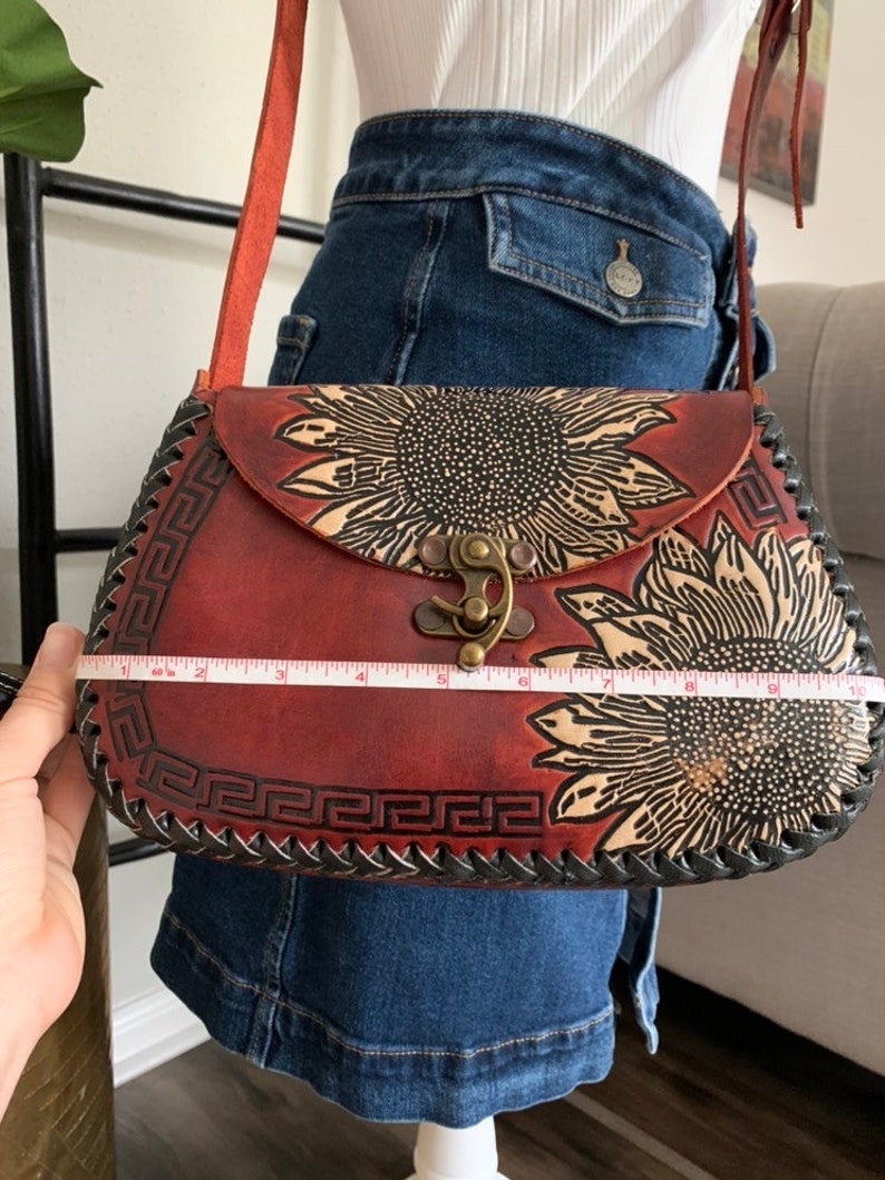 Leather Hand-Tooled Embossed Mexican Floral Handbag, Handmade Sunflower Purse, Artesanal Bag image 8