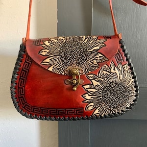 Leather Hand-Tooled Embossed Mexican Floral Handbag, Handmade Sunflower Purse, Artesanal Bag image 2
