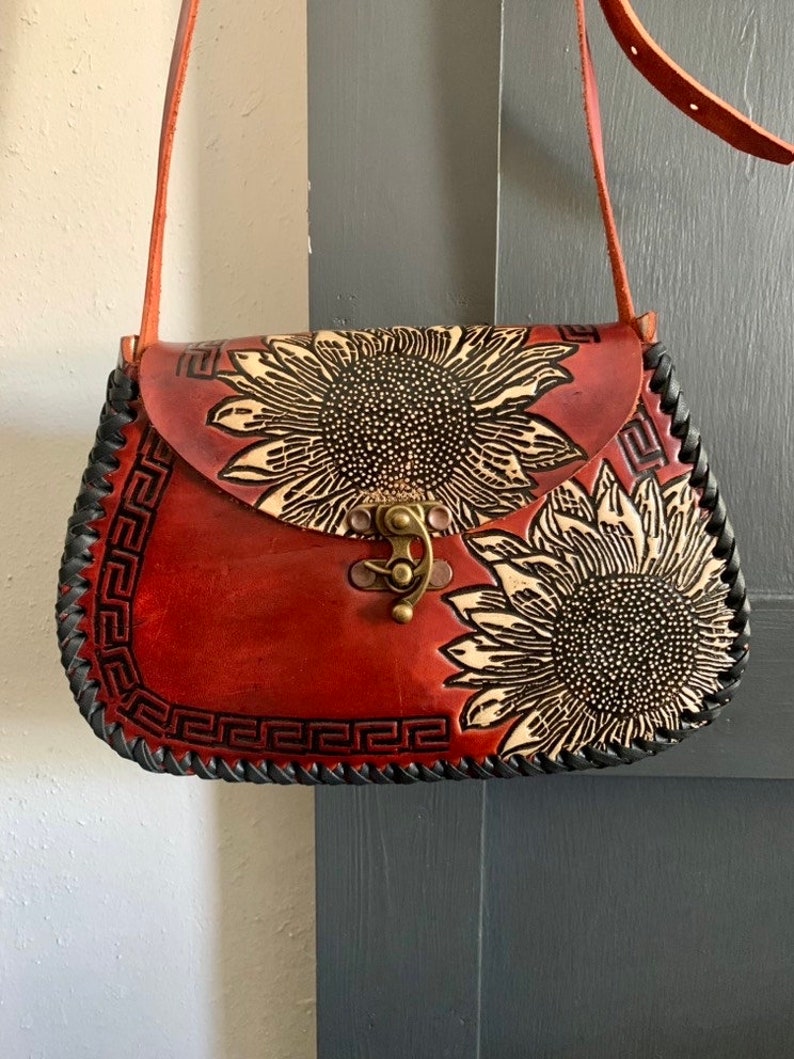 Leather Hand-Tooled Embossed Mexican Floral Handbag, Handmade Sunflower Purse, Artesanal Bag image 2