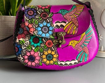Hand-Tooled Leather Hummingbird Purse,  Handmade Mexican Bag, Bolsa de Piel, Artesania Mexicana